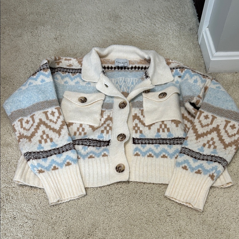Pink Rose Cream and Blue Geometric Cardigan